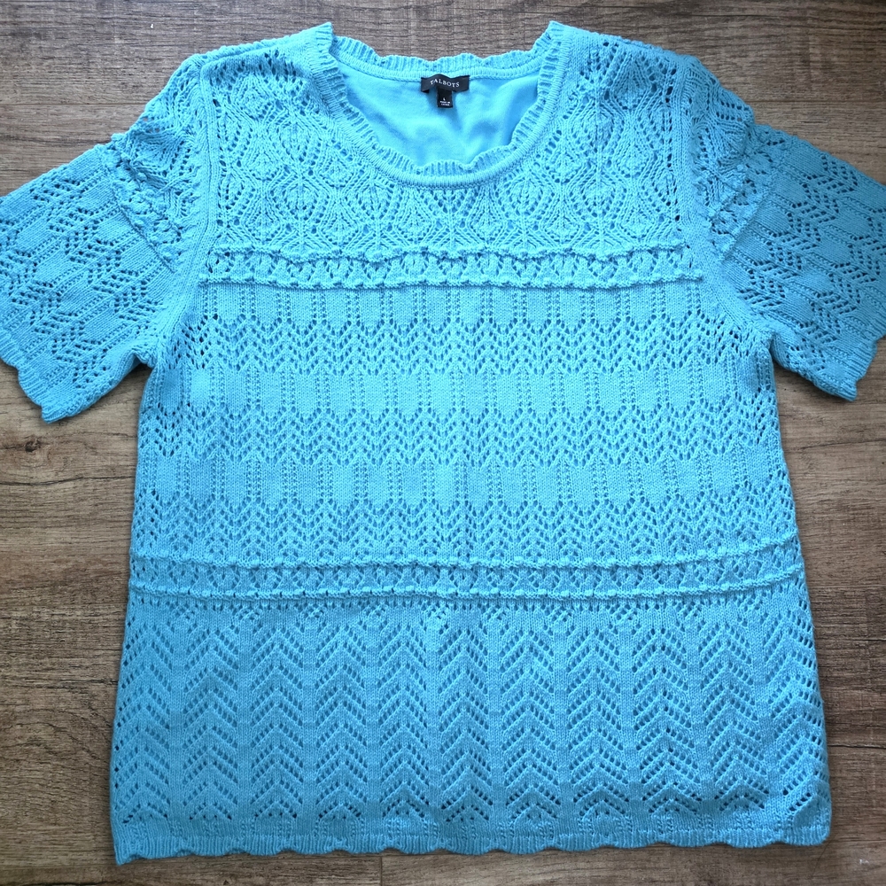 Talbots Aqua Knit Short-Sleeve Openwork Sweater